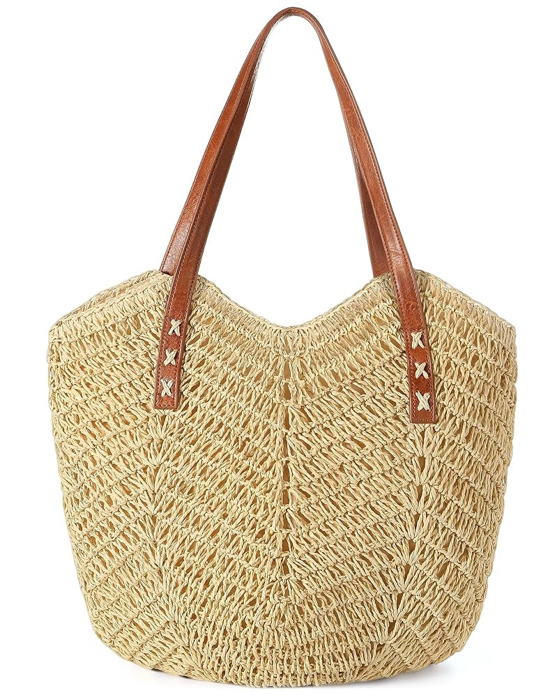 Beach Bags for Women - Straw Bag with Zipper, Soft Woven beach bag, Casual Straw Shoulder Bag for... | Amazon (US)