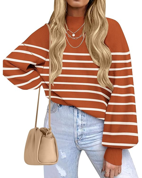 ZESICA Women's 2025 Fall Fashion Turtleneck Long Sleeve Striped Ribbed Knit Loose Pullover Sweate... | Amazon (US)