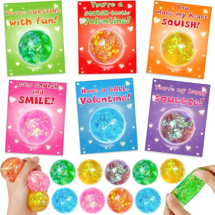 24 Pack Valentines Day Gifts for Kids Classroom Stress Balls with Valentines Cards for Kids Schoo... | Amazon (US)