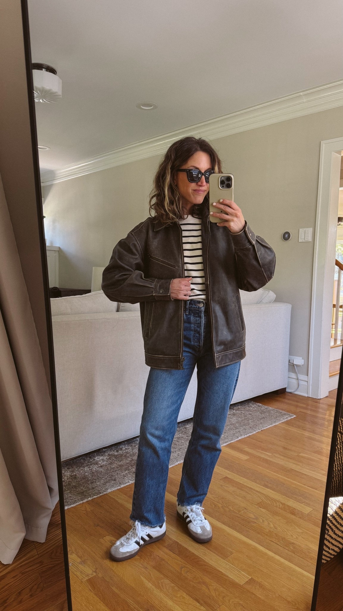 Look if the Day // 4.25

Sèzane shirt, XS, TTS. Quince leather jacket, XS, TTS for an oversized fit. Agolde denim, 25, TTS. Adidas Samba, TTS. Quince sunglasses  

#LTKPetite #LTKOver40