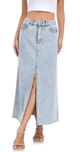 MISS MOLY Women's Maxi Long Mid Denim Skirts Split Raw Frayed Hem A line Flare Jean Skirt with Pockets Blue S | Amazon (US)