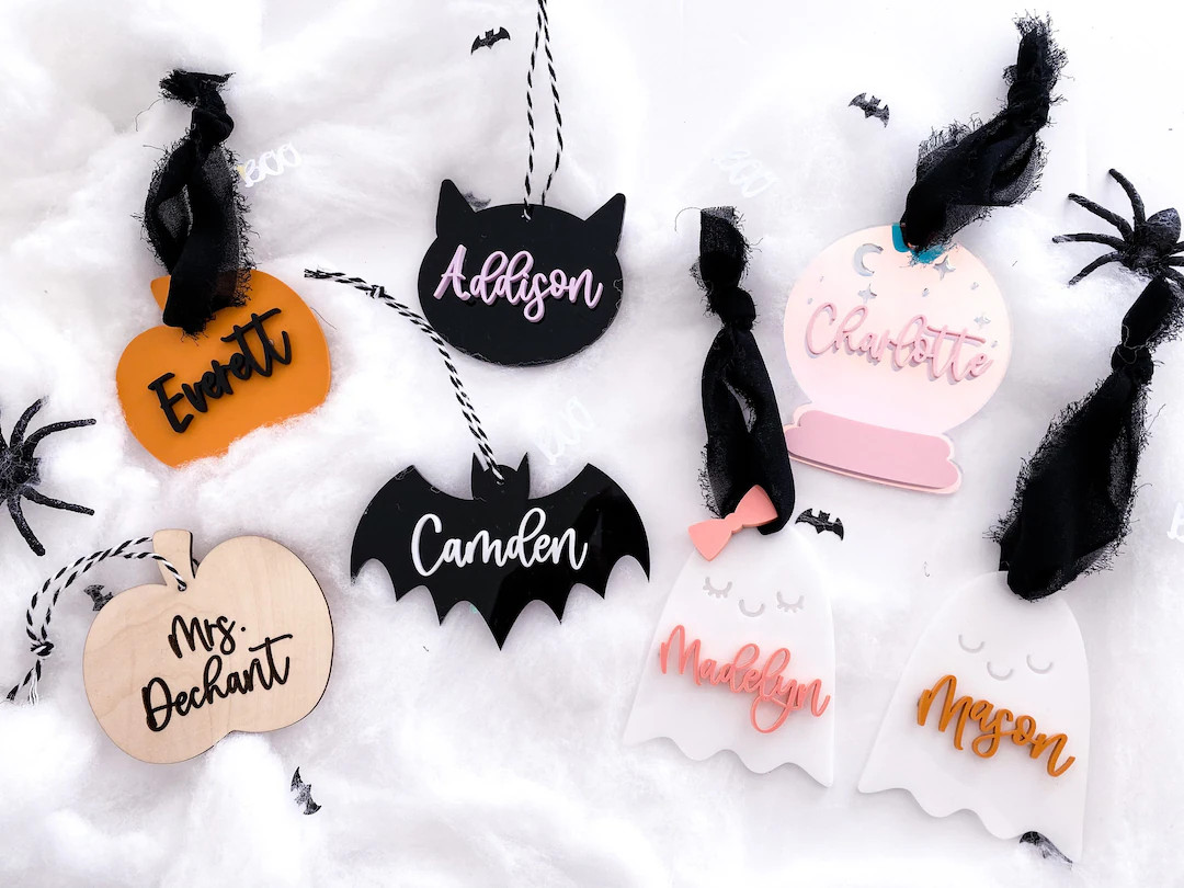 Personalized Halloween name tags// acrylic name tags// wooden name tags | Etsy (US)