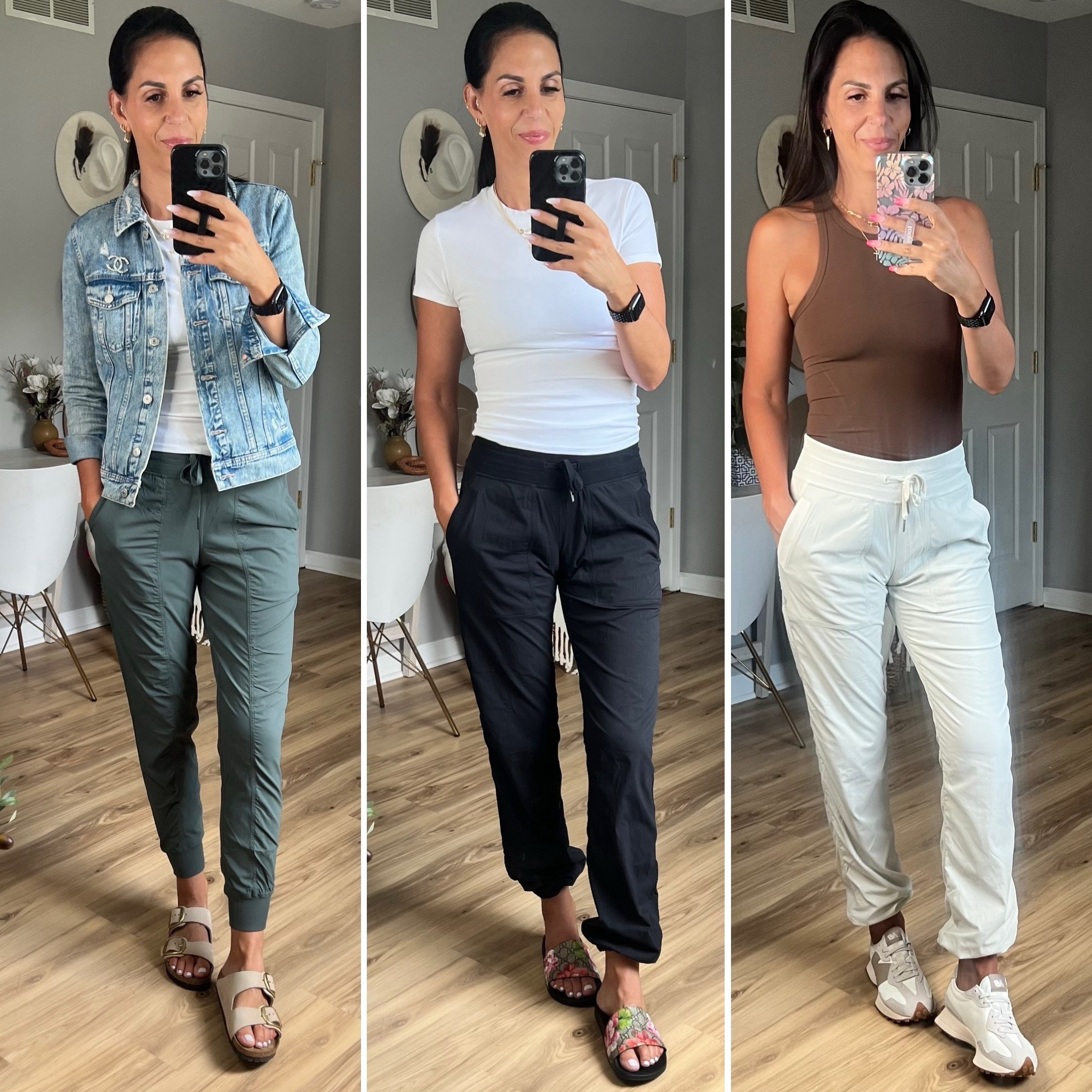 Lululemon studio  pants have been my “go-to” for errands and everything in-between. I wear a size 6 
Abercrombie tee is a small
Lululemon tank is a size 4 
Denim jacket is a size small 
#LTKunder100 

#LTKSeasonal #LTKU #LTKtravel