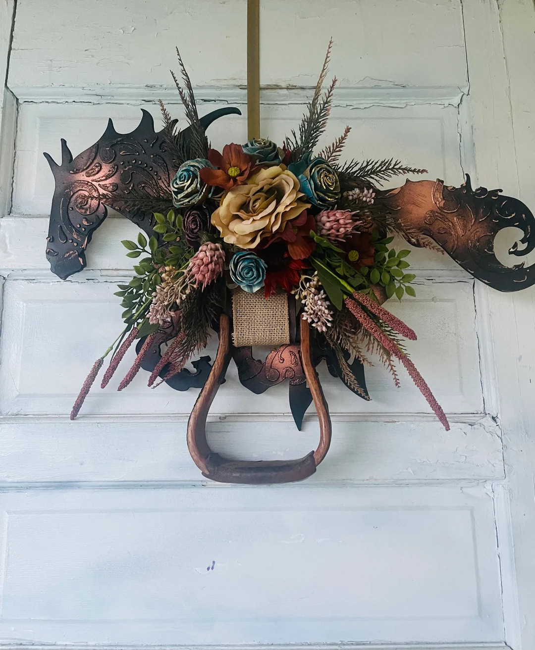 Wood running mustang Horse Wreath with authentic English or western stirrup. Multi-Media Equestri... | Etsy (US)