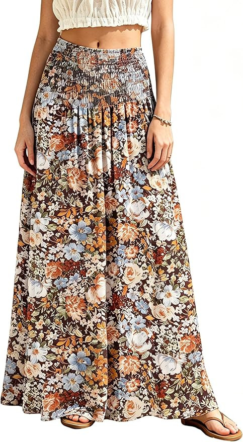 Womens Maxi Skirt Smocked Boho Flowy Casual Long Skirts | High Waist,A Line,Floral Skirt,Summer B... | Amazon (US)