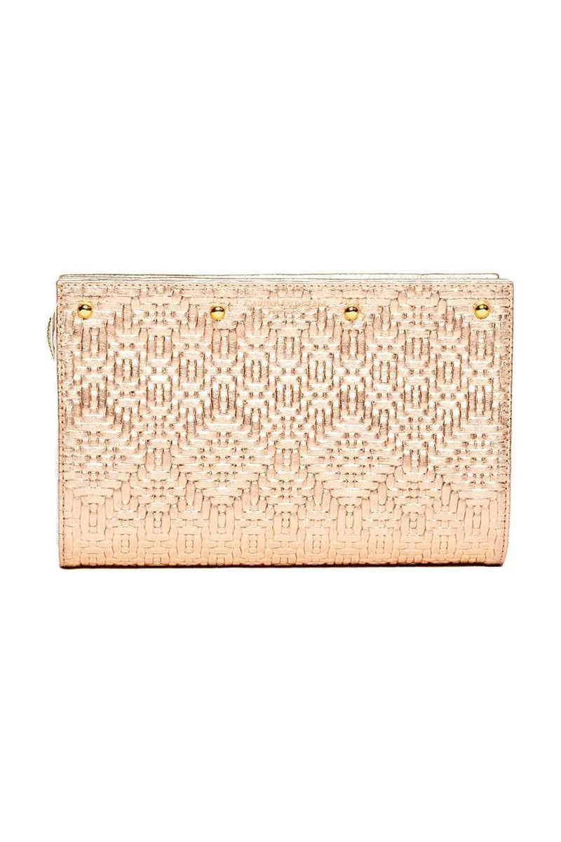 Lizzie Reversible Rose Gold Weave Leather Reversing to White Woven Raffia Clutch Cover | CARRIE DUNHAM