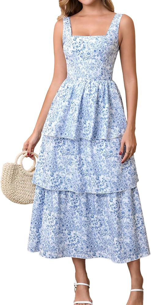HTZMO Floral Wedding Guest Tiered Dress Women Summer Midi Sundress | Amazon (US)