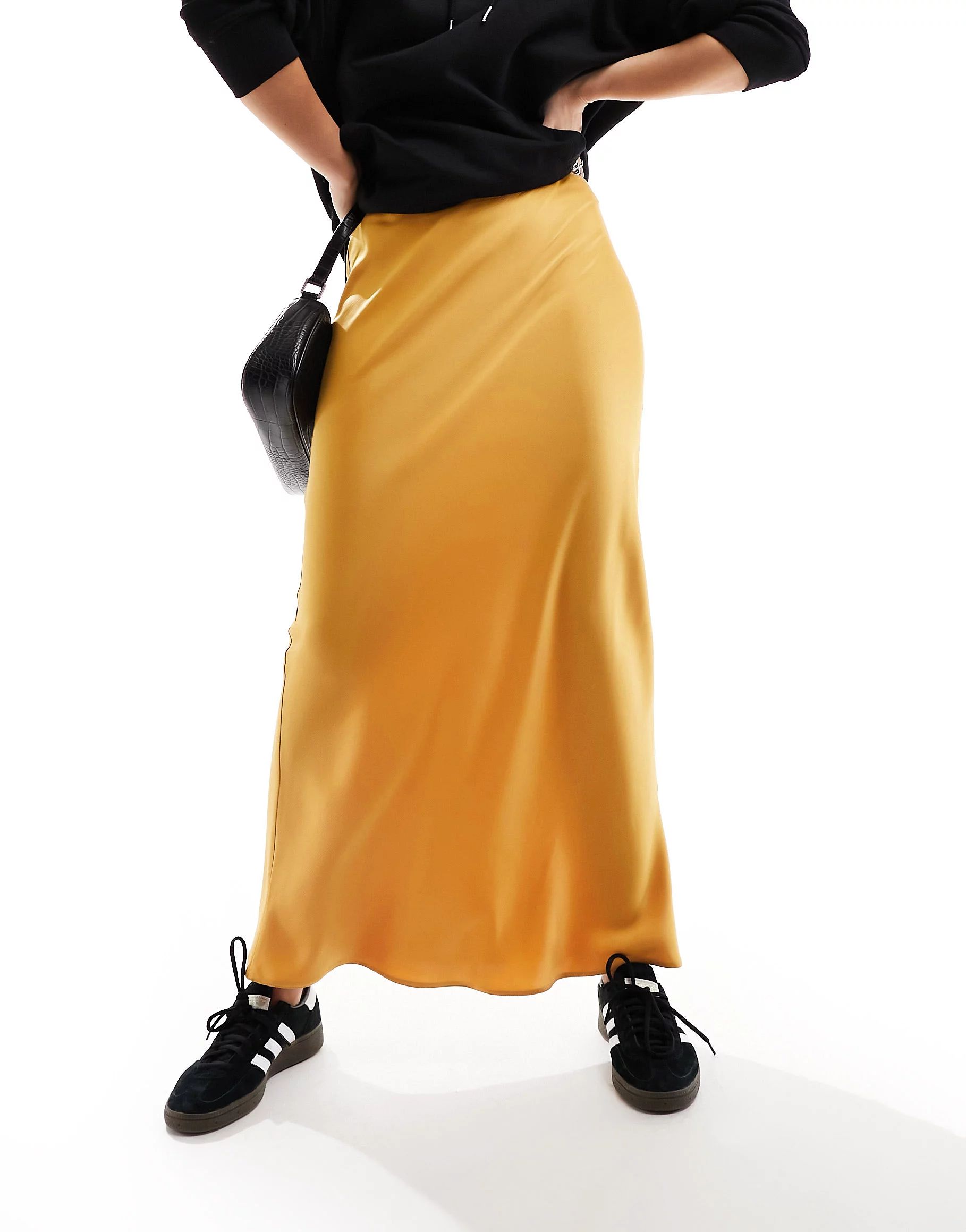 ASOS DESIGN satin bias maxi skirt in mustard | ASOS (Global)