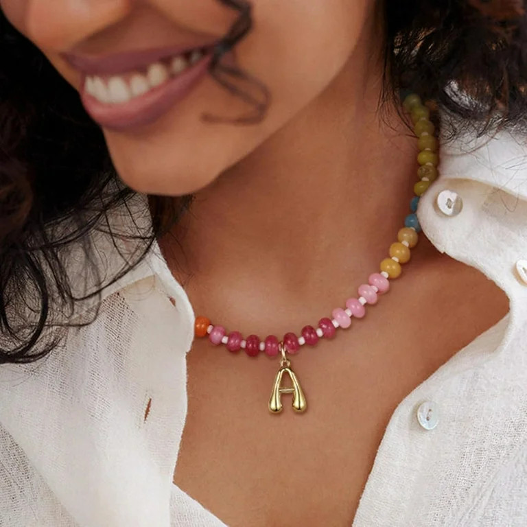 Women's Initials Necklace, Colorful Beaded Gemstone Bubble Letter Pendant Necklace Natural Stone ... | Walmart (US)