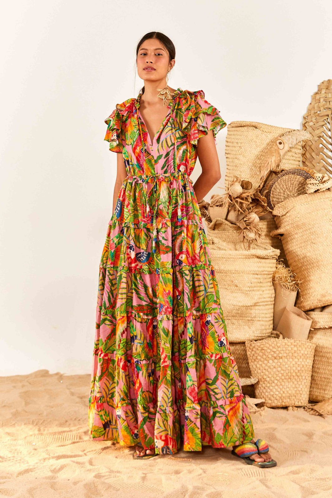 Macaw Leaves Flutter Sleeve Maxi Dress | FarmRio (US)