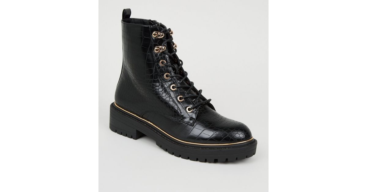 Black Faux Croc Chunky Lace Up Boots
						
						Add to Saved Items
						Remove from Saved Item... | New Look (UK)