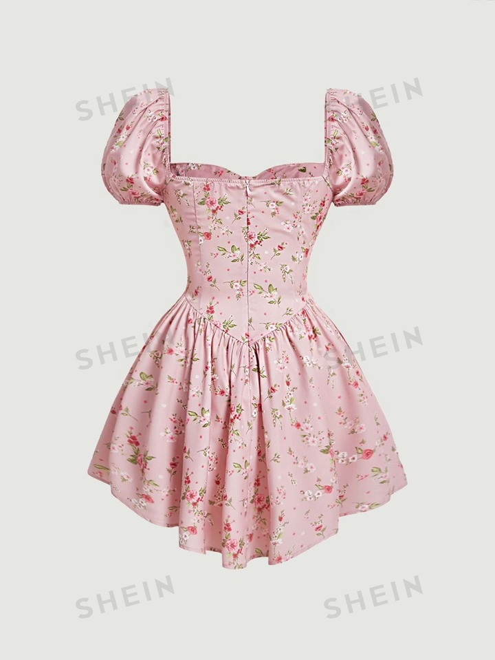 SHEIN MOD Ditsy Floral Print Sweetheart Neck Puff Sleeve Dress | SHEIN