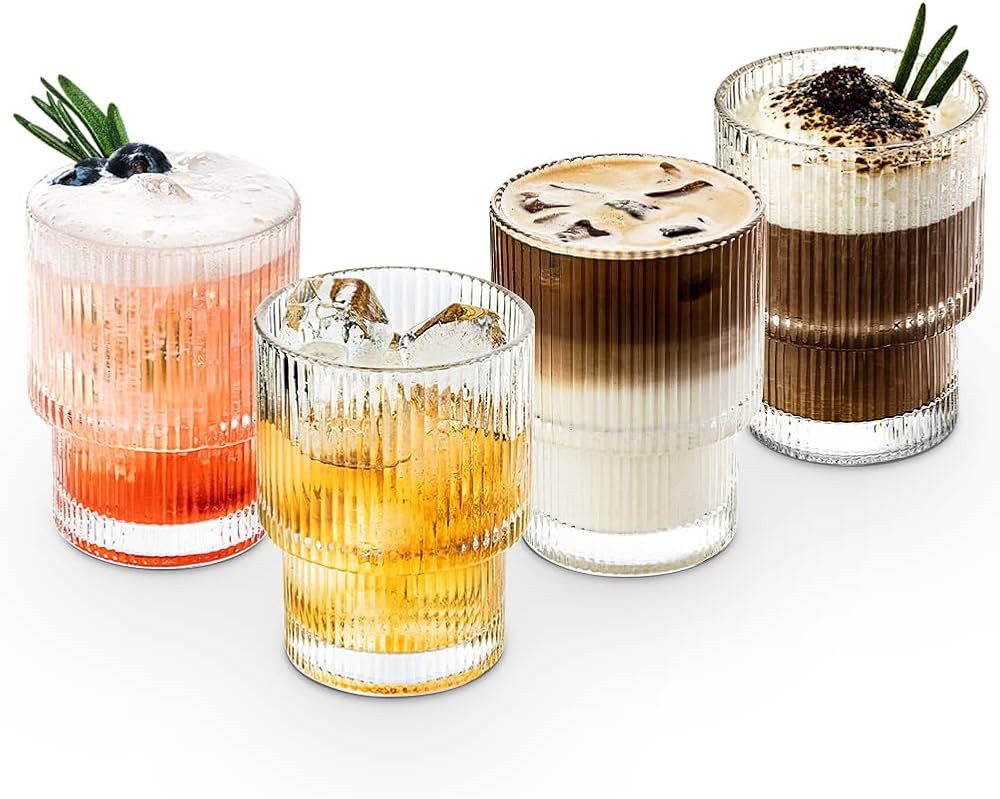 Combler Drinking Glasses, Cocktail Glasses 6 oz, Ribbed Glass Cups Set of 4, Coffee Bar Accessori... | Amazon (US)