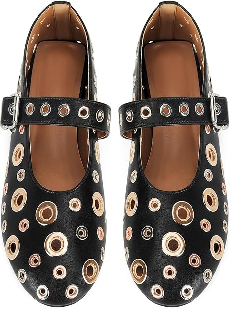 MICIFA Ballet Flats for Women with Buckle Strap Mesh Perforated Metal Studded Mary Jane Comfortab... | Amazon (US)