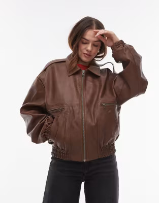 Topshop faux leather oversized bomber jacket in brown | ASOS (Global)
