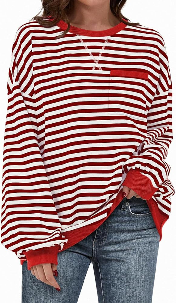 TARSE Oversized Crewneck Sweatshirt for Women Dropped Shoulders Striped Shirt Plain Pullover Loos... | Amazon (US)