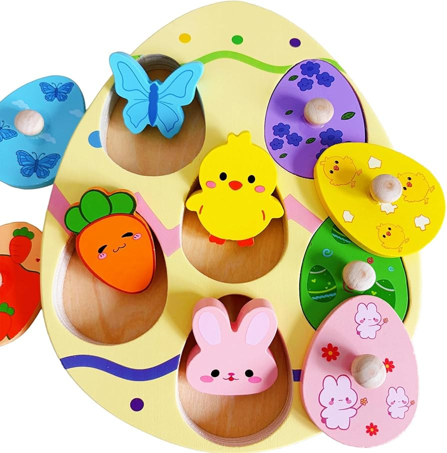 Easter Wooden Peg Puzzle for Toddlers 1 2 3 Years, 6 Colors & Shape Matching Pieces, Montessori E... | Amazon (US)