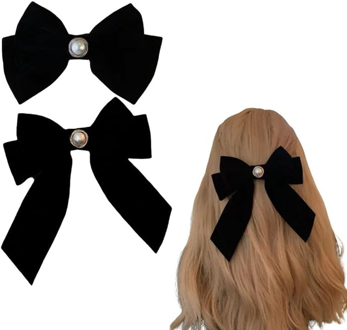 Large Velvet Hair Bow Clip with Pearl Accent, Pack of 2, Black | Amazon (US)
