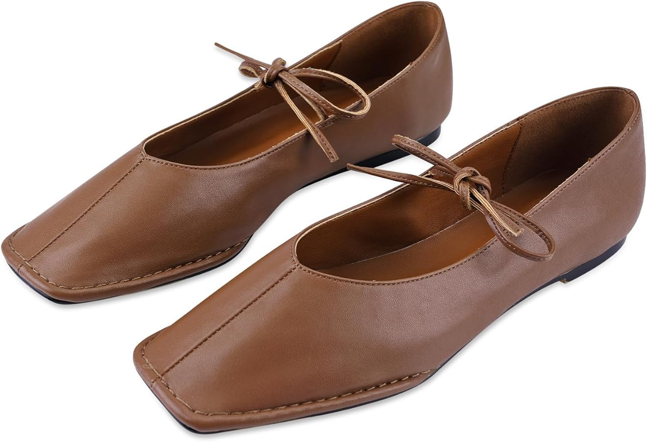 Black Ballet Flats for Women Square Toe Lace up Wide Width Mary Jane Flats Casual Slip on Balleri... | Amazon (US)