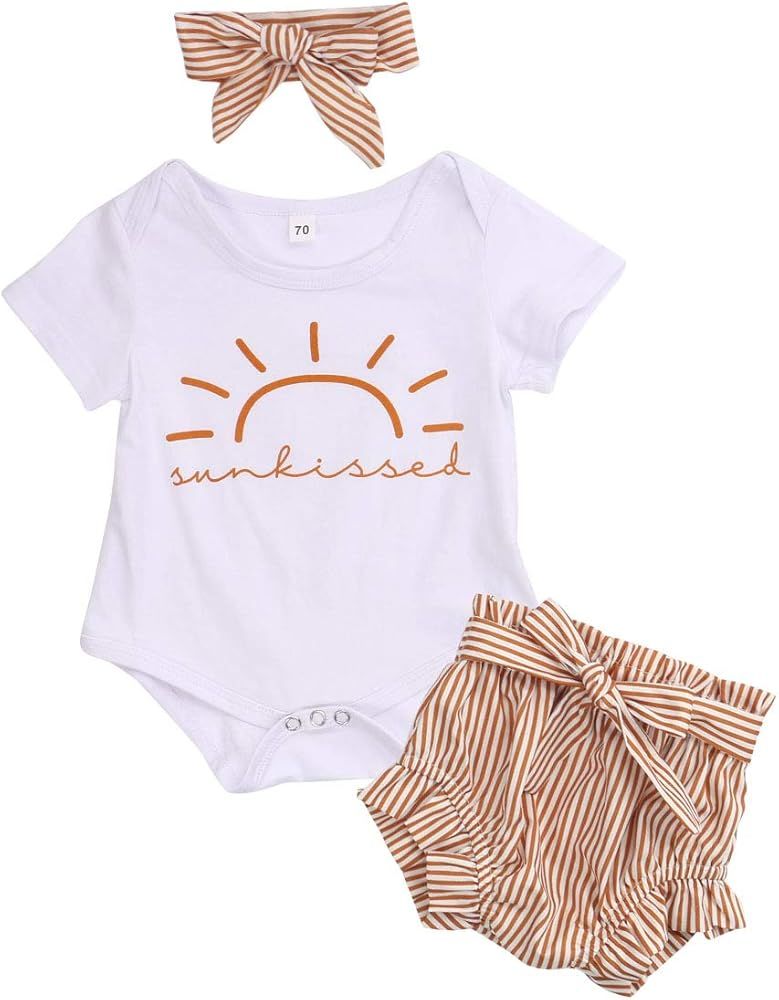 Newborn Toddler Baby Girl Summer Outfit Onesie Romper Shirts Top Bloomer Pants Cute 3PCS Clothes Set | Amazon (US)