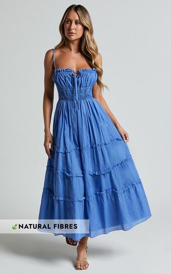 Schiffer Midi Dress - Strappy Ruched Tie Front Tiered Dress in Blue | Showpo (US, UK & Europe)