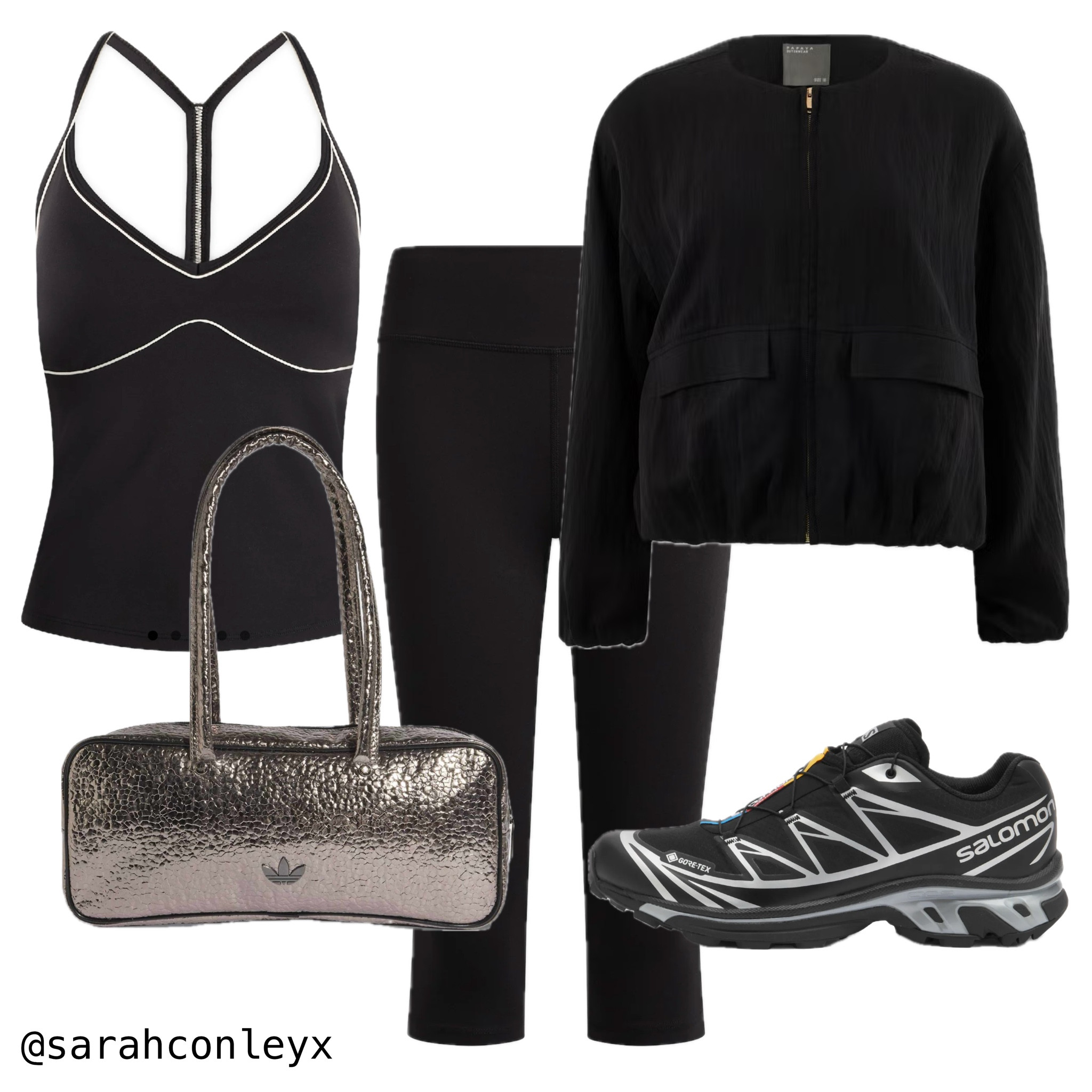 Pilates outfit 
Gym outfit
Black capri legginfs
Salomon xt-6
Black trainers 
Metallic handbag 
Tala activewear 

#LTKshoes #LTKfitness #LTKstyletip
