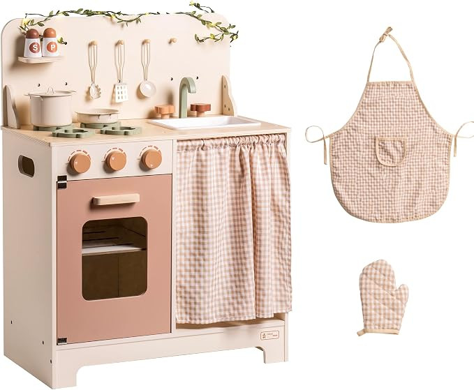 ROBOTIME Kids Play Kitchen Set - Rustic Wooden Kitchen Sets, Pretend Play Kitchen with Leaf Light... | Amazon (US)