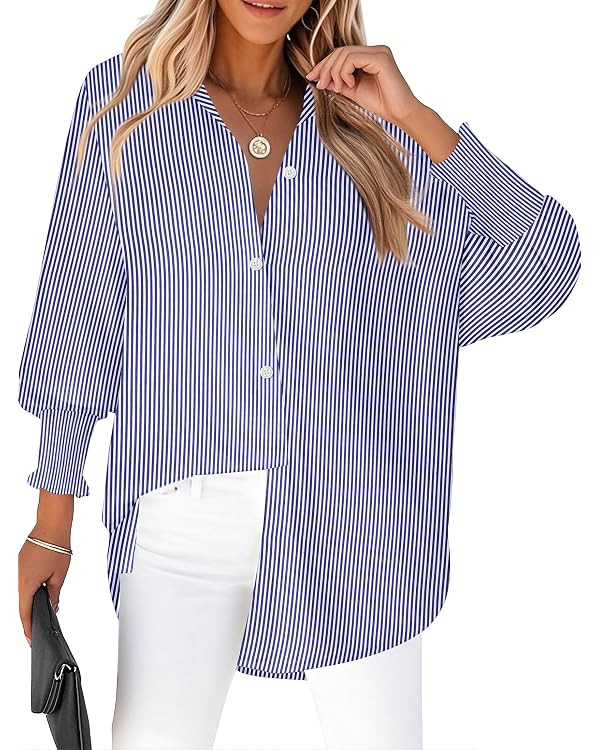 Zeagoo Womens Button Down Shirts Loose Fit Striped Printed Lantern Long Sleeve Blouses Smocked Cu... | Amazon (US)