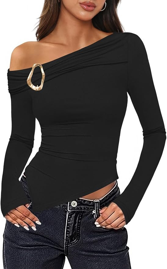 MEROKEETY Women's Long Sleeve Off Shoulder Tops 2025 Fall Ruched Fitted Going Out Asymmetrical Te... | Amazon (US)