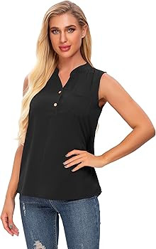herdress Women's Sleeveless Tops Chiffon Blouses V Neck Button Down Pocket T Shirts | Amazon (US)