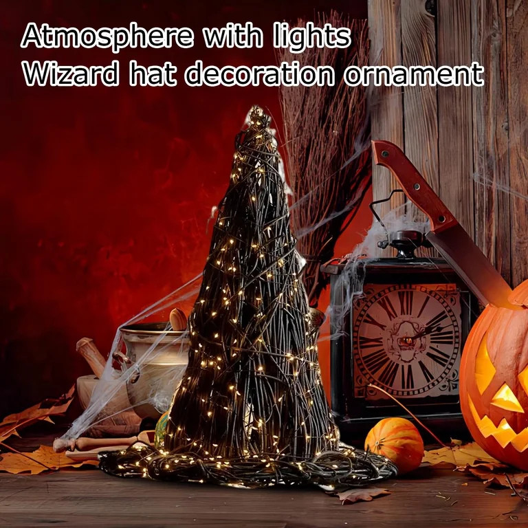 1PC Halloween Rattan Witch Hat Decor with String Lights,  Cottagecore Halloween Wicker Wizard Hat... | Walmart (US)