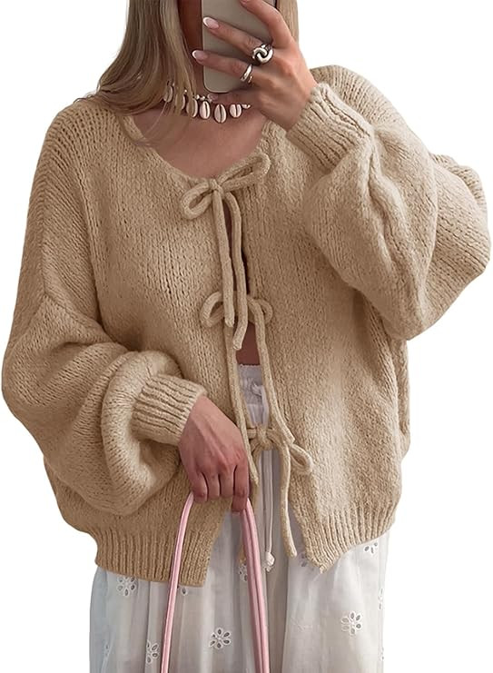 Saodimallsu Womens Tie Front Cardigan Sweaters Cute Bow Puff Long Sleeve 2025 Fall Loose Ribbed K... | Amazon (US)