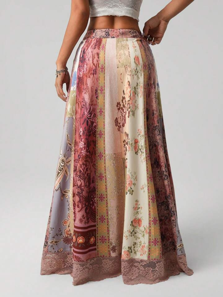 SHEIN ICON Women's Vintage Patchwork Print A-Line Hem Casual Lace Patchwork Long Skirt | SHEIN