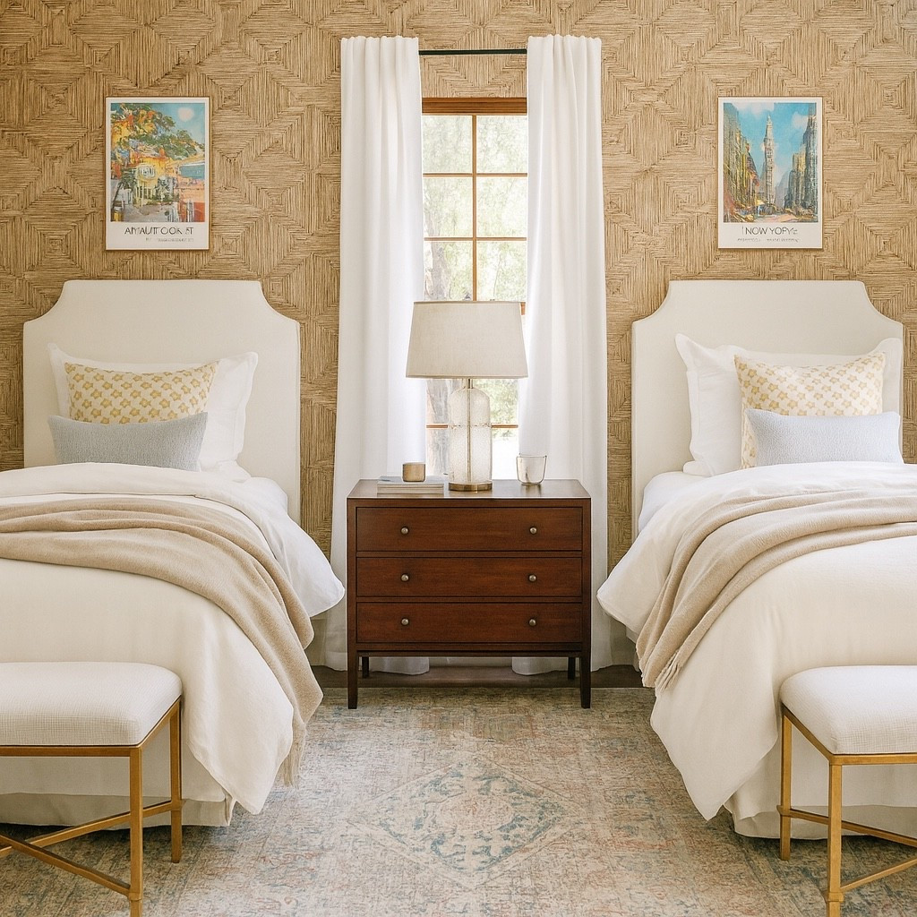 Bedroom - twin bed, college dorm headboard, bedroom art,  college dorm decor, bench, area rug, nightstand, lamp, nightstand lamp, bedding, throw blanket, curtains, drapes, girl bedroom, guest bedroom
 

#LTKHome #LTKFindsUnder100 #LTKSaleAlert