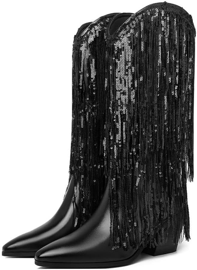 DOREENDORIS Fringe Boots for Women Metallic Cowboy Boots Pointed Toe Chunky Heel Mid Calf Sparkly... | Amazon (US)