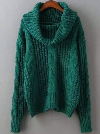 Green High Neck Cable Knit Sweater | SHEIN