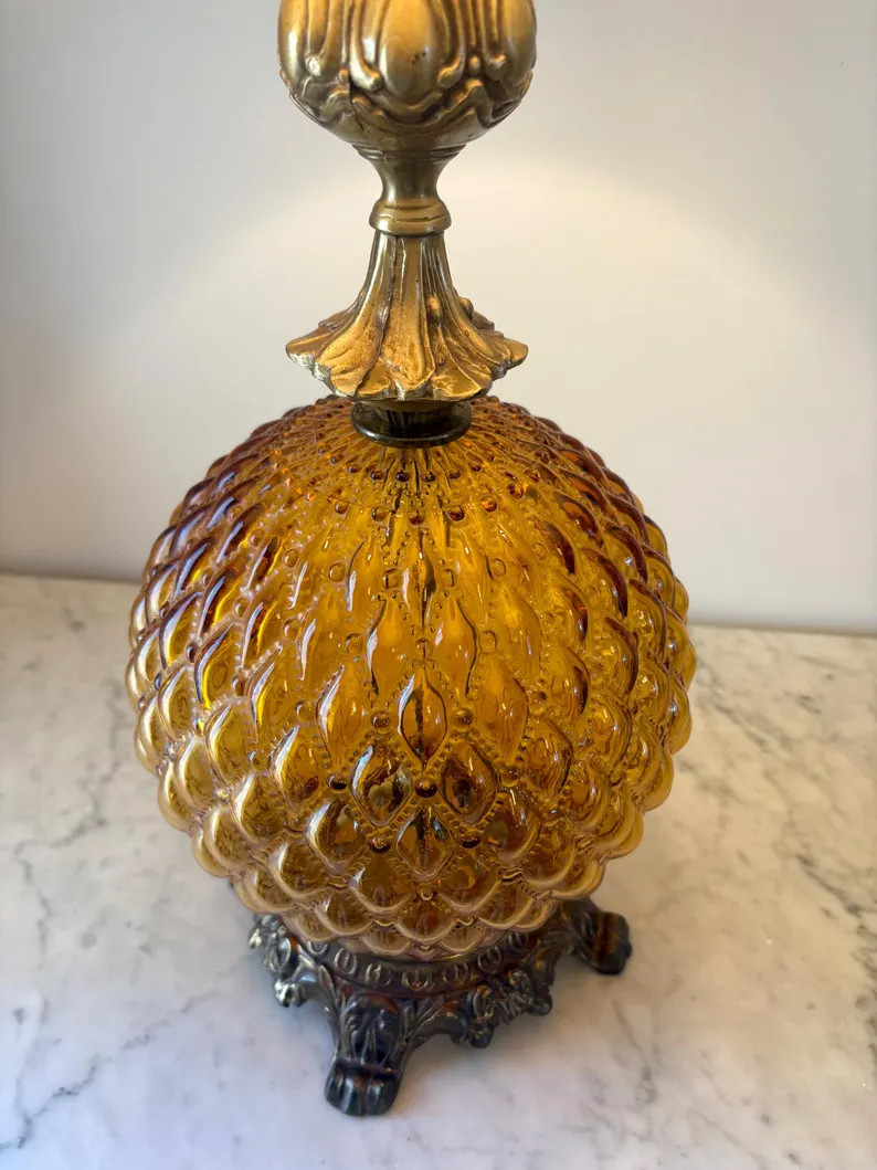 Vintage Quilted Amber Glass and Ornate Brass Lamp - Mid Century - Etsy | Etsy (US)