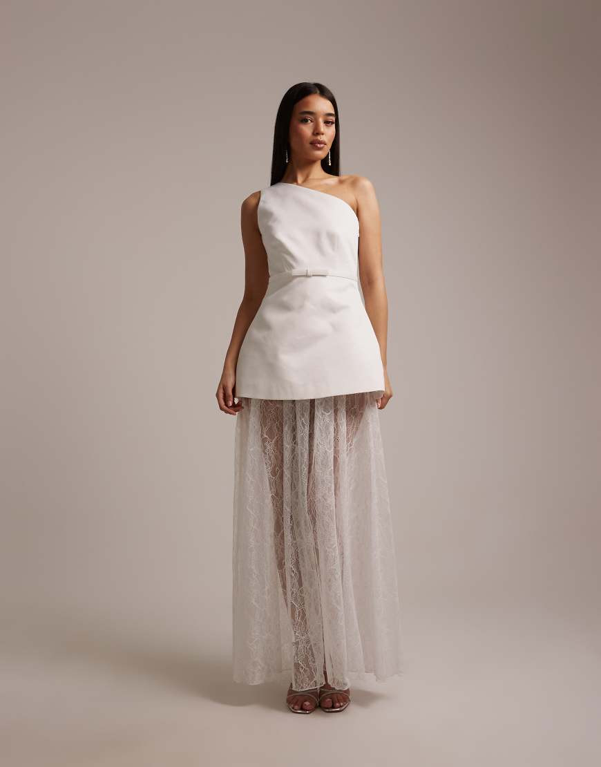 Six Stories Bridal one shoulder satin and lace mix maxi dress in white | ASOS (Global)