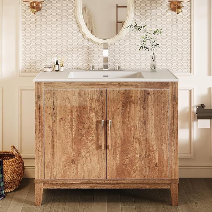 39” Bathroom Vanity with Sink Combo, Single Sink Bathroom Vanity with High Gloss Wood Grain, Fa... | Amazon (US)