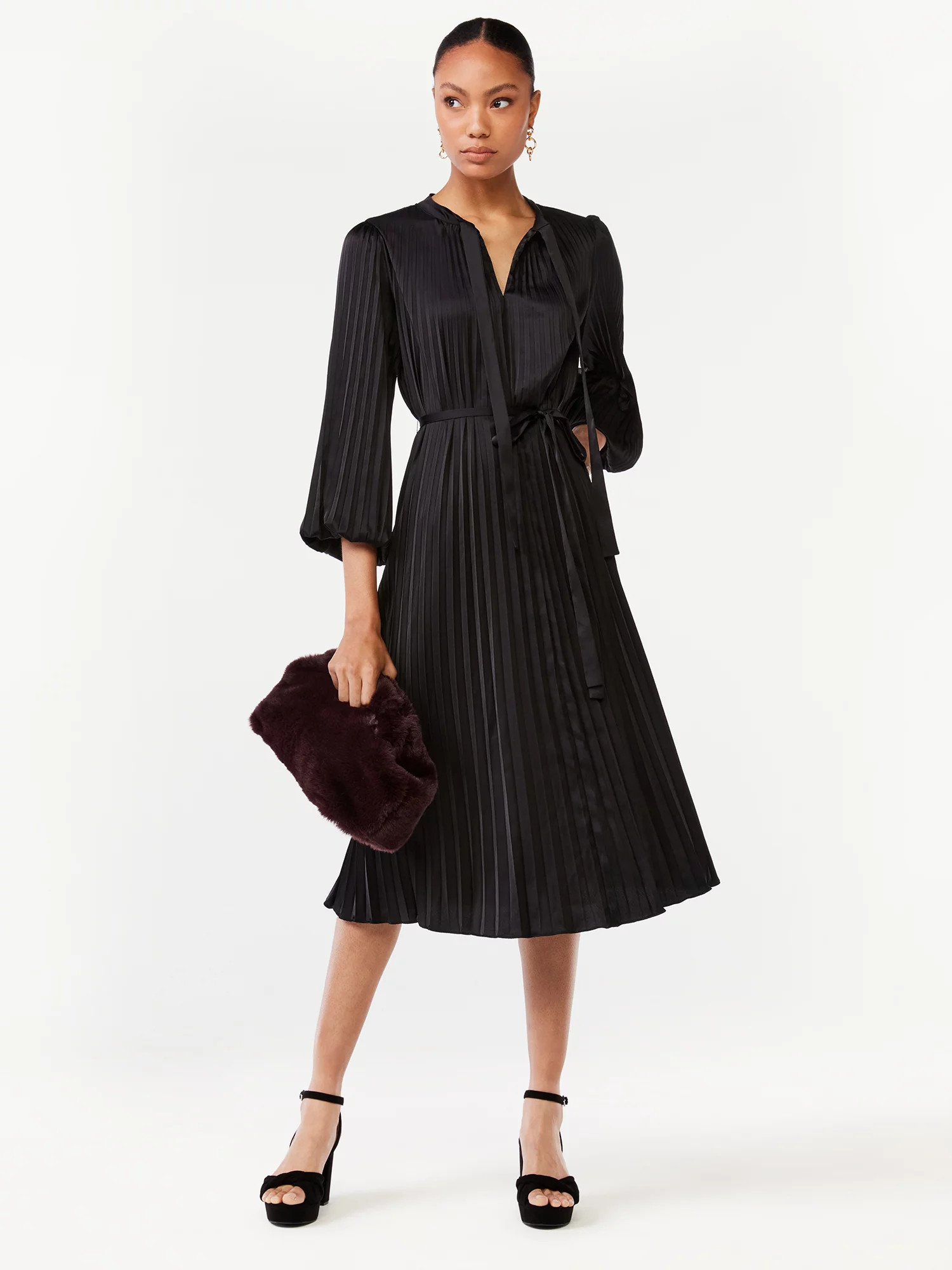 Scoop Women's Blouson Sleeve Belted Waist Pleated Oversized Midi Dress | Walmart (US)