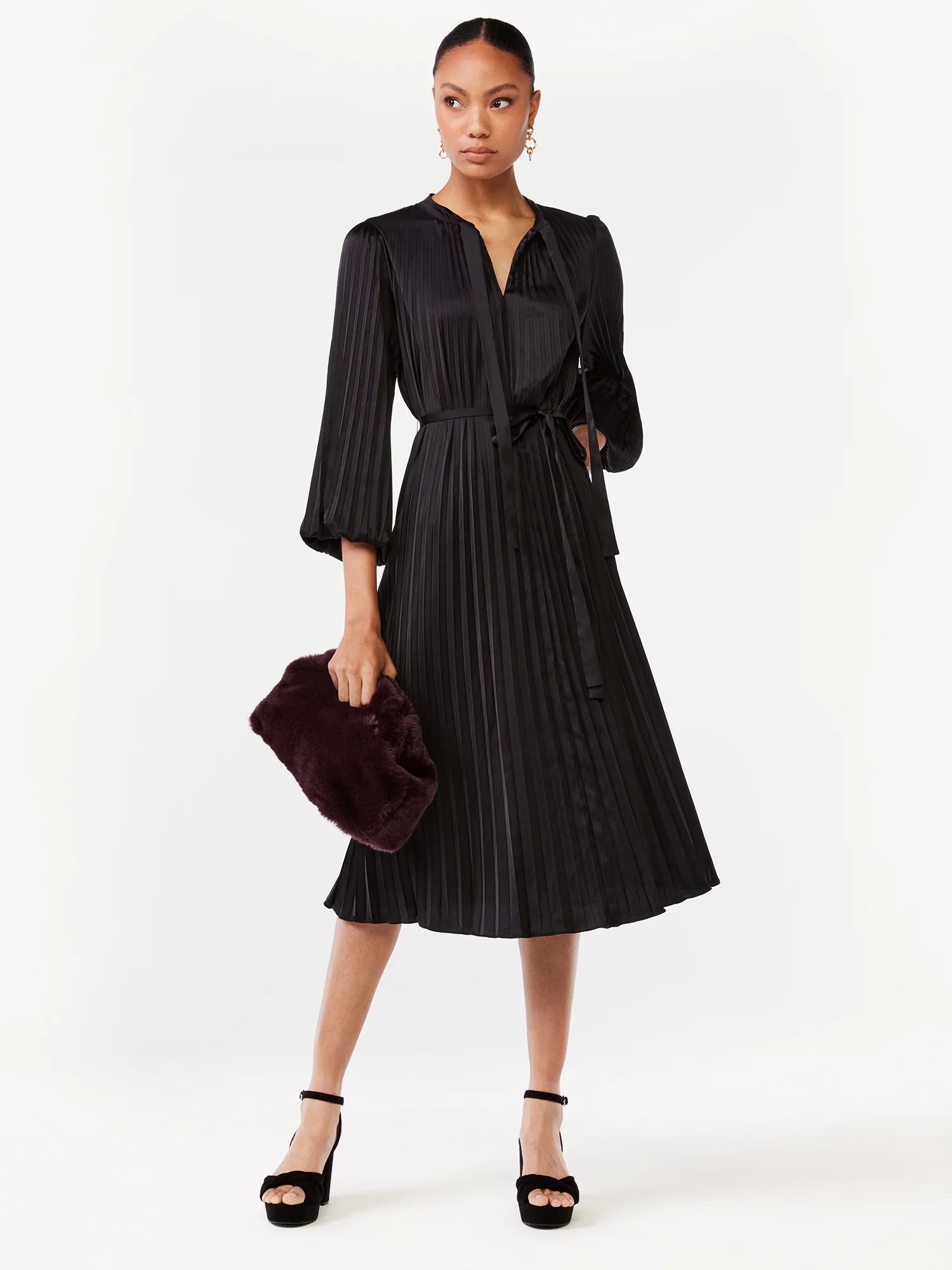 Scoop Women's Blouson Sleeve Belted Waist Pleated Oversized Midi Dress - Walmart.com | Walmart (US)
