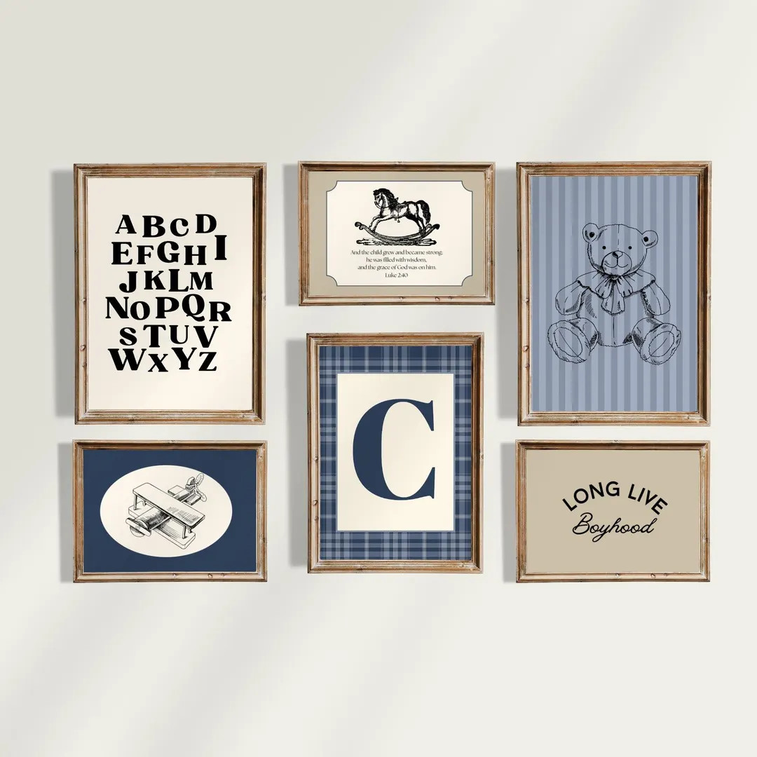 Vintage Toy Nursery Gallery Wall, Teddy Bear Stripe Wall Art, Vintage Plane Nursery, Classic Nurs... | Etsy (US)