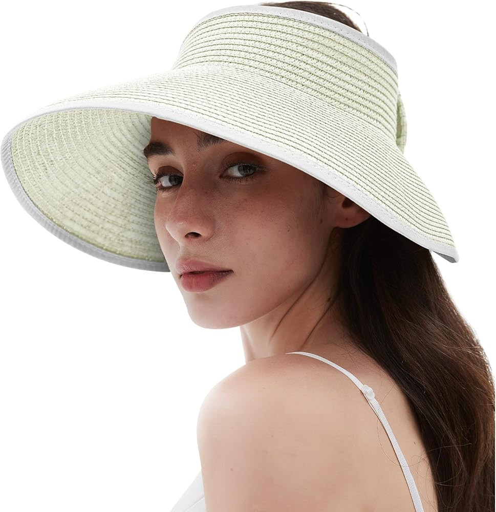 Women's Sun Visor Hats Wide Brim Straw Beach Hat Ponytail Hats for Women Foldable Floppy | Amazon (US)
