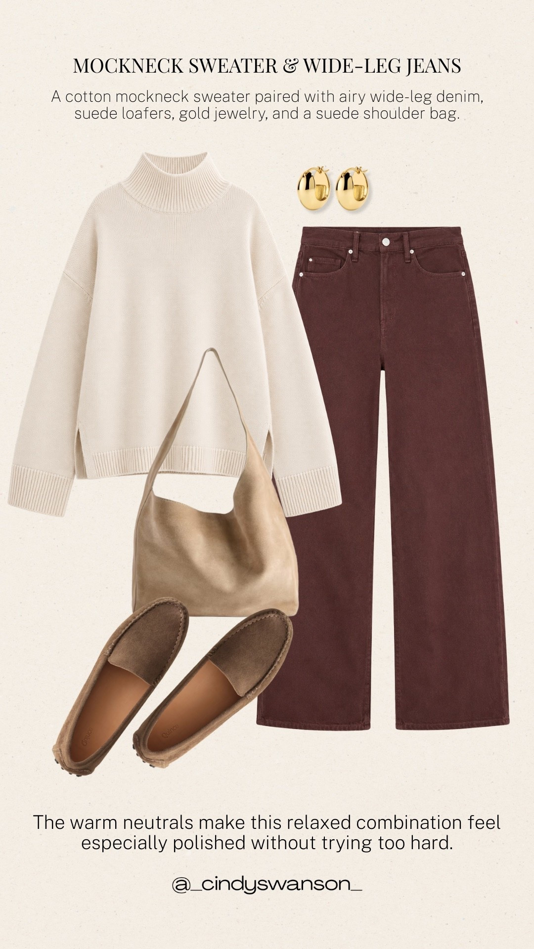 This cotton mockneck sweater is a beautiful neutral to pair with richer denim. I love how the wide-leg jeans, suede loafers, and tonal suede bag create an easy, polished look that feels comfortable enough for everyday wear.

#LTKootd #LTKTravel #LTKSeasonal