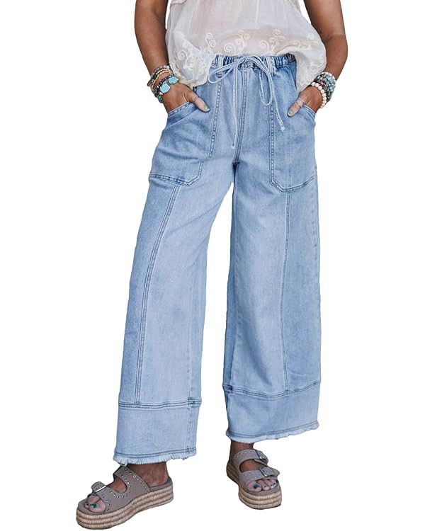 SHEWIN Women's Wide Leg Jeans High Waisted Baggy Jeans Stretchy Drawstring Denim Pants | Amazon (US)