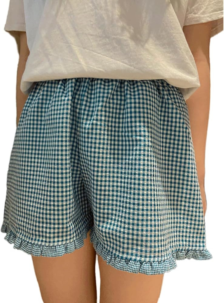 Y2K Plaid Shorts for Women Ruffle Hem High Waist Gingham Shorts Lounge Pajama Boxer Shorts Pj Bot... | Amazon (US)
