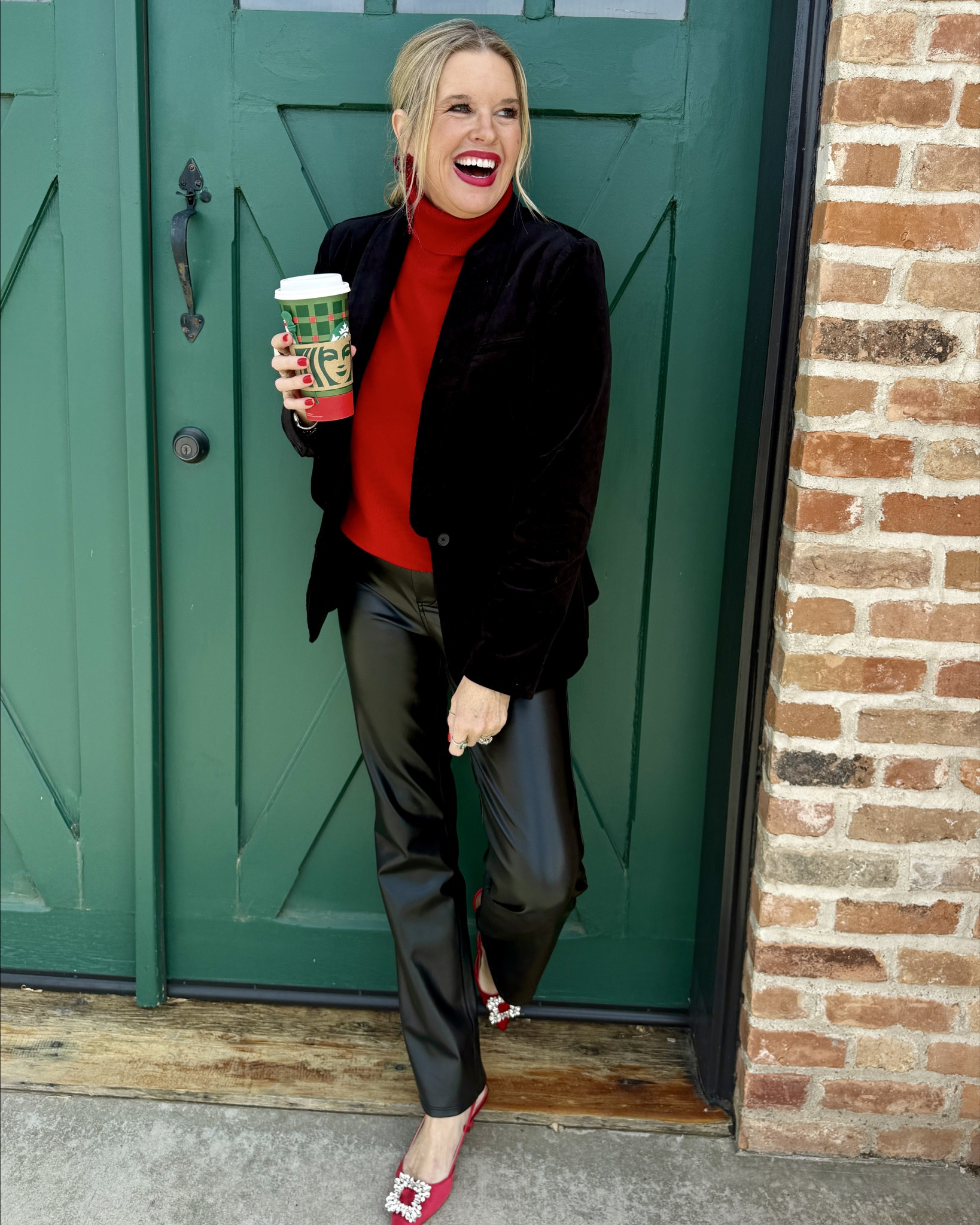 Holiday Festive outfit
🌲❤️
Cocktail party
Christmas party
Social event 
Yet,  can also be work wear because it’s great basics 

Black velvet blazer rtf in med
Red cashmere turtleneck sweater nYDJ comes in two colors red and Carmel 

Black faux leather straight leg pants. Fits tts I am in the 4 

Red satin kitten heal with rhinestone buckle 
(Min were target last year $35)
I found similar options in same price point and a few red shoes too

Red beaded bow earrings🎀 mine were a few year old from Dillards ❤️ I found some similar options

The red lip I wear all season long
💋 The  thrive  clean beauty empower Matt crayon in color Linda 💋 it doesn’t bleed 
And is so silky stays on for hours and hours 

Opi nail color big apple red


#LTKOver40 #LTKootd #LTKHoliday