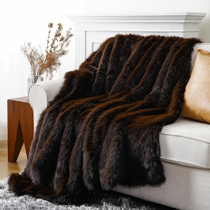 BATTILO HOME Luxury Brown Faux Fur Throw Blanket, Large Soft Warm Cozy Fuzzy Fluffy Fur Blankets ... | Amazon (US)