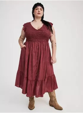 Midi Ruffle-Sleeve Tiered Dress | Torrid (US & Canada)