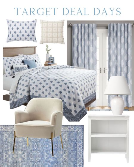 Target Deal Days blue and white home, curtains, rugs, quilted bedding, white lamp, bookcase nightstand 

#LTKhome #LTKsalealert